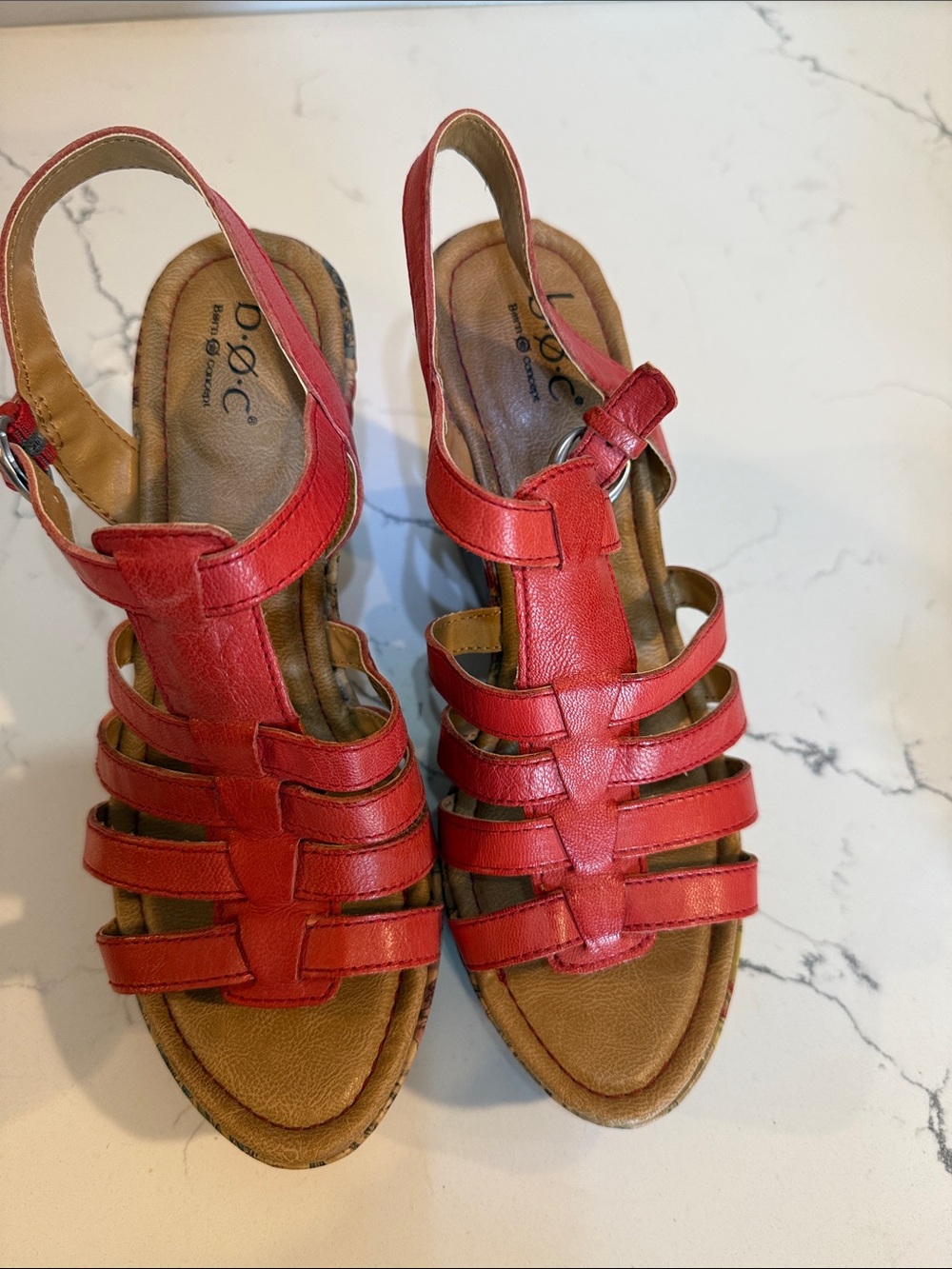 boc Red Leather Multi-Strap Slingback Sandals with Cork Platform Heel